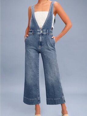 Free People Light Blue Wide-Leg Denim Overalls